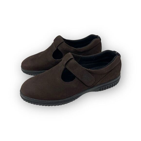 Ecco Soft Loafers Brown Nubuck Leather T-Strapped Women’s Size 38 EU 7/7.5 US - Picture 1 of 11